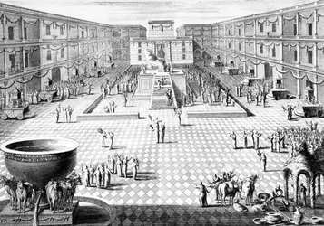 Reconstitution de la cérémonie dans le Temple de Salomon lors du dernier jour (Hoshannah Raba) de la fête juive de Souccot, illustration du Dictionnaire Historique de la Bible, 1722
